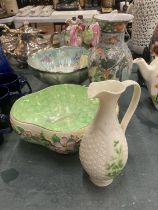 FOUR PIECES OF VINTAGE CERAMICS TO INCLUDE AN IRISH DONEGAL VASE, MALING WARE GREEN LUSTRE BOWL,