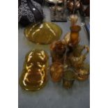 A QUANTITY OF AMBER COLOURED GLASS TO INCLUDE VASES, PLATES, JUGS, ETC.,