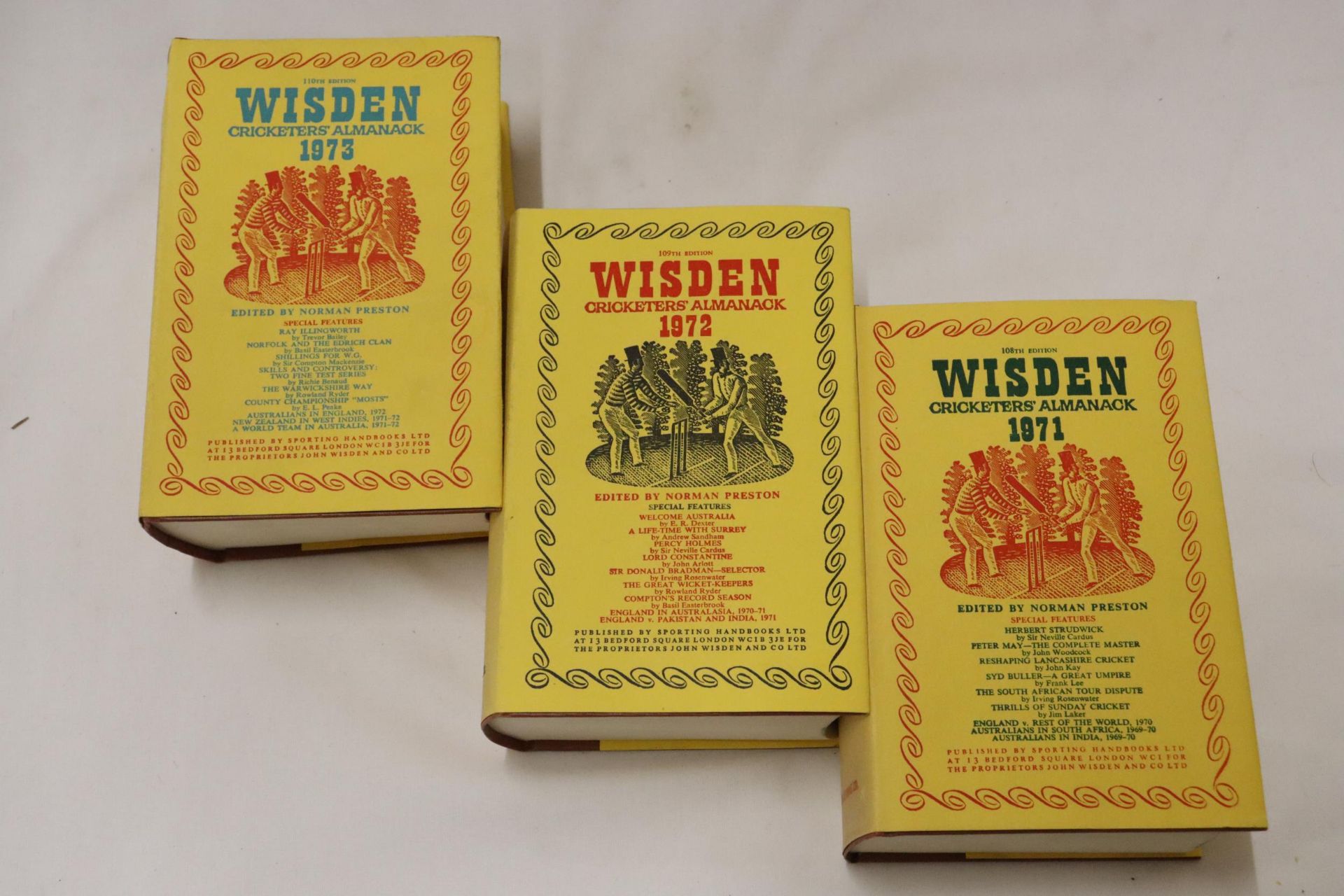 THREE HARDBACK COPIES OF WISDEN'S CRICKETER'S ALMANACKS, 1971. 1972 AND 1973. THESE COPIES ARE IN