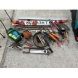 AN ASSORTMENT OF TOOLS TO INCLUDE A TRAILER LIGHT BOARD, SHEARS, A FORK AND TROWELS ETC