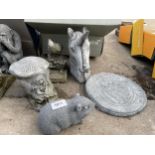 FIVE VARIOUS SMALL CONCRETE GARDEN FIGURES TO INCLUDE A HORSES HEAD AND A GUINEA PIG ETC