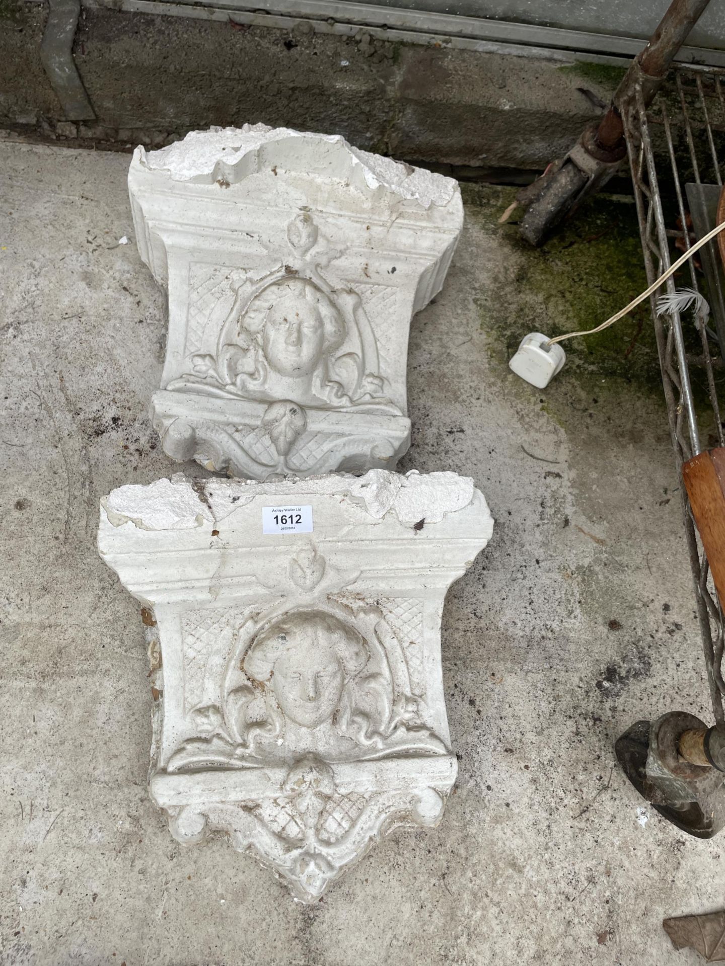 TWO DECORATIVE PLASTER WALL SCONCES (A/F)