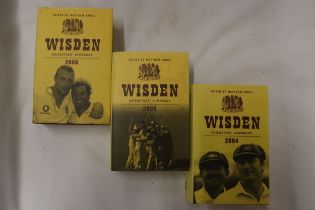 THREE HARDBACK COPIES OF WISDEN'S CRICKETER'S ALMANACKS, 2004, 2005 AND 2006. THESE COPIES ARE IN