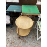 TWO FOLDING CARD TABLES AND 19" DIAMETER TWO-TIER TROLLEY HAVING DETACHABLE TRAYS, ONE BEING A