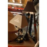 TWO TABLE LAMPS WITH SHADES, ONE WITH A FIGURE - A/F, HEIGHTS APPROX 78CM AND 48CM