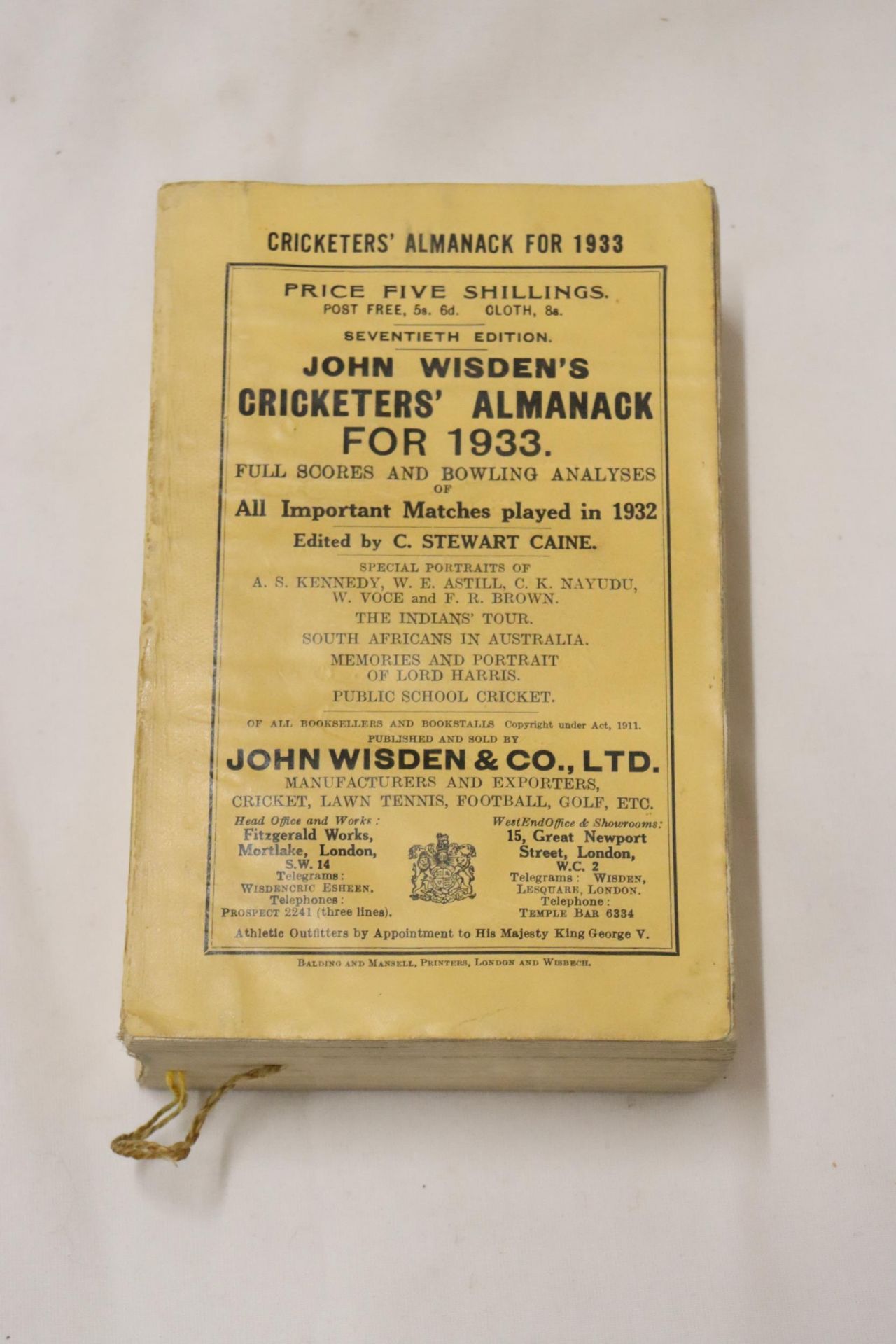 A 1933 COPY OF WISDEN'S CRICKETER'S ALMANACK. THIS COPY IS IN USED CONDITION, THE SPINE IS INTACT