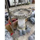 FIVE VARIOUS CONCRETE GARDEN FIGURES TO INCLUDE A LARGE BIRDBATH AND FOUR SMALL FIGURES ETC