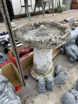 FIVE VARIOUS CONCRETE GARDEN FIGURES TO INCLUDE A LARGE BIRDBATH AND FOUR SMALL FIGURES ETC