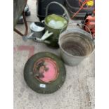 AN ASSORTMENT OF ITEMS TO INCLUDE A WHEEL BARROW WHEEL, A GALVANISED BUCKET AND WATERING CAN ETC