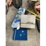 AN ASSORTMENT OF ITEMS TO INCLUDE AN ELECTRIC TILE CUTTER AND A GILOTINE ETC