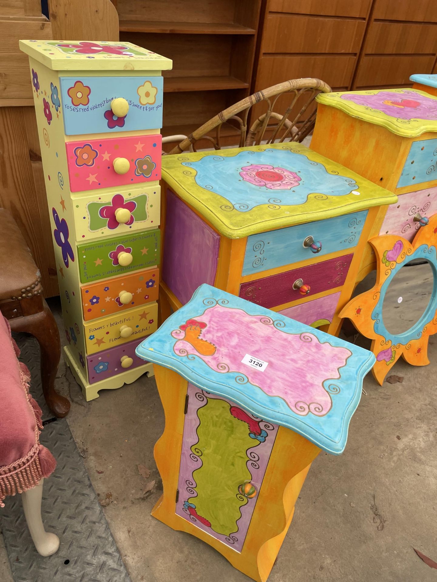 A RANGE OF BRIGHTLY PAINTED BEDTOOM FURNITURE, 3 CHESTS, MIRROR, CUPBOARDS AND SMALL TABLE - Image 2 of 6