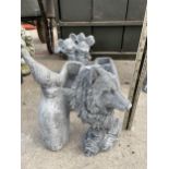 FIVE VARIOUS SMALL CONCRETE GARDEN FIGURES TO INCLUDE A WOLF AND TWO PLANTER TROUGHS ETC