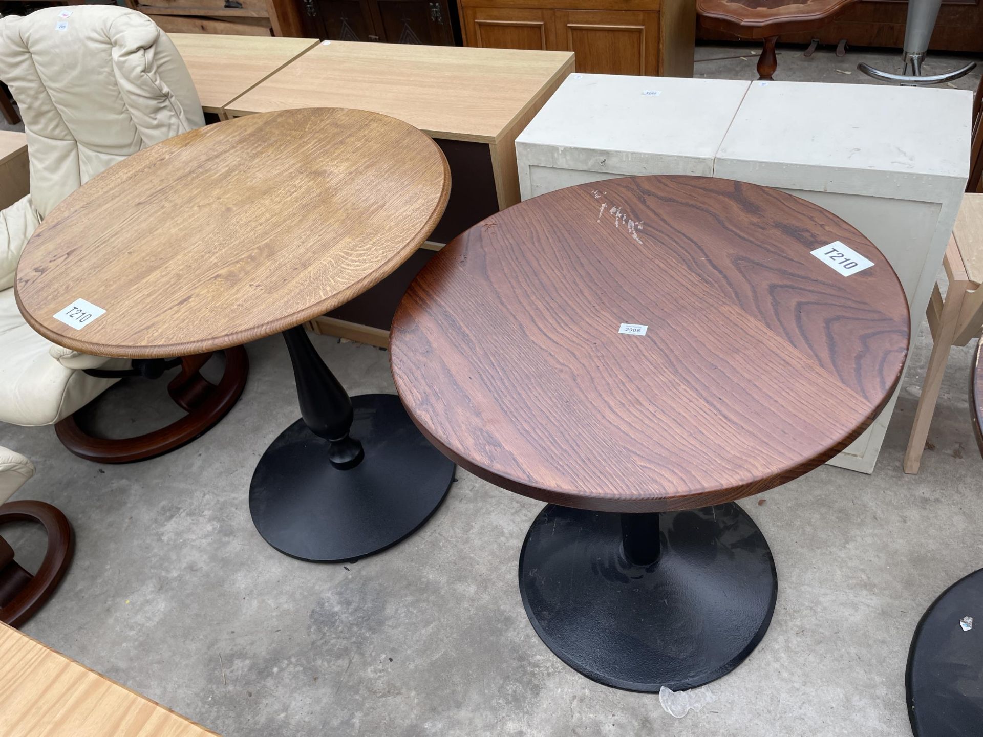 TWO PUB TABLES ON METALWARE BASES 31" DIAMETER