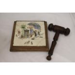 A LARGE AUCTIONEERS GAVEL WITH A TILED PLINTH