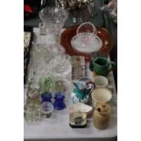 A MIXED LOT TO INCLUDE GLASSWARE, DECANTER STOPPERS, INKWELLS, CANDLESTICKS, ETC.,