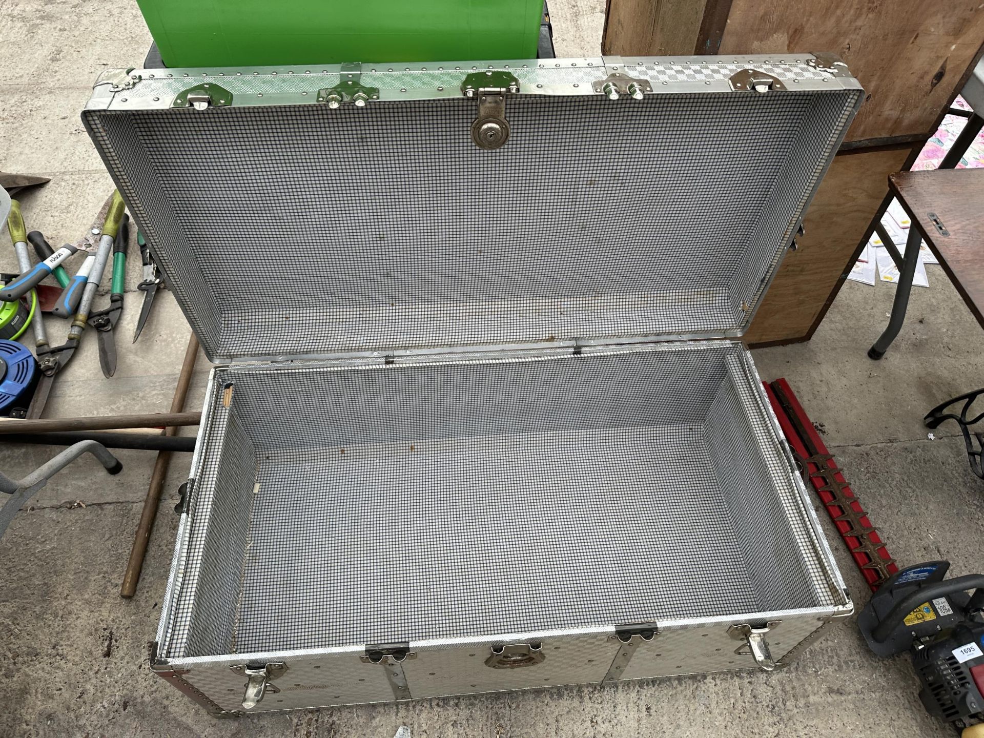 A LARGE ALUMINIUM COVERED TRAVEL TRUNK - Image 3 of 3