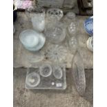 AN ASSORTMENT OF GLASS WARE TO INCLUDE A DRESSING TABLE SET, BOWLS AND JELLY MOULDS ETC