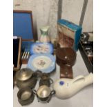 VARIOUS VINTAGE ITEMS TO INCLUDE COLLECTORS PLATES, SYLVAC VASE, SILVER PATED TEAWARE ITEMS ETC
