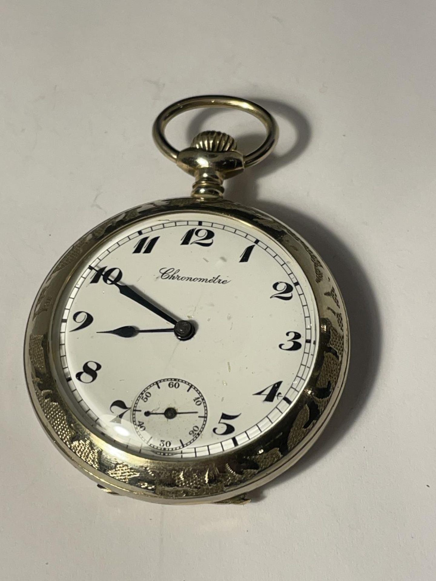 A GOLD PLATED CHRONOGRAPH POCKET WATCH SEEN WORKING BUT NO WARRANTY