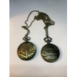 TWO POCKET WATCHES WITH IMAGES OF USA BOMBER AND A COAT OF ARMS