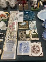 A QUANTITY OF VINTAGE AND MODERN TILES TO INCLUDE A FLORAL WALL HANGING, ETC