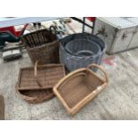 AN ASSORTMENT OF WICKER BASKETS TO INCLUDE TWO LOG BASKETS, A CAT BED AND TRUGS ETC