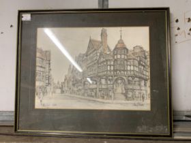 A FRAMED INKWASH OF THE CROSS CHESTER BY ALAN STUTTLE