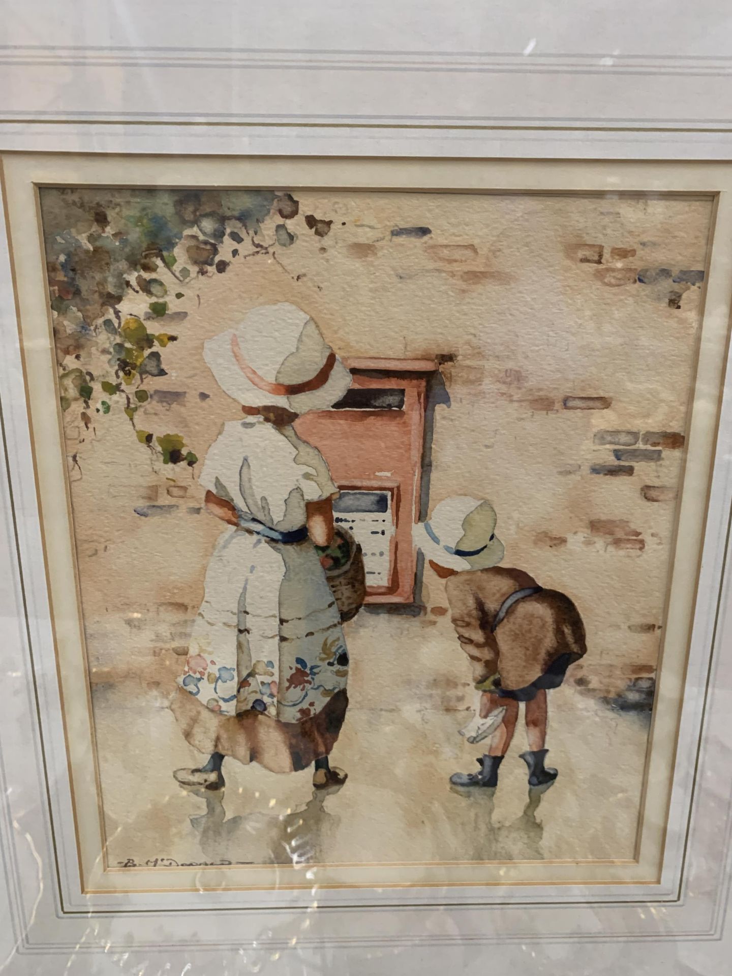 A BERNARD MCDONALD (BORN 1944) WATERCOLOUR OF CHILDREN AT A POST BOX SIGNED TO LOWER LEFT HAND - Image 2 of 4