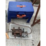 A PLASTIC TOOL BOX STEP AND AN ASSORTMENT OF TOOLS TO INCLUDE A PLANE AND A DETAIL SAW ETC