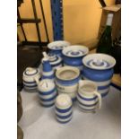 TEN ITEMS OF T G GREEN BLUE AND WHITE CORNISH WARE TO INCLUDE LIDDED STORAGE JARS, JUGS ETC