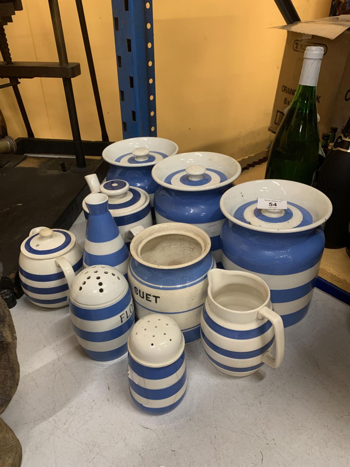 TEN ITEMS OF T G GREEN BLUE AND WHITE CORNISH WARE TO INCLUDE LIDDED STORAGE JARS, JUGS ETC