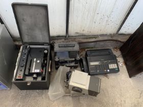 AN ASSORTMENT OF ITEMS TO INCLUDE A NORIS NORIMAT PROJECTOR, A FAX MACHINE AND A SLIDE VIEWER ETC