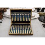 A BOXED SET OF FISH KNIVES AND FORKS WITH HALLMARKED SHEFFIELD COLLARS