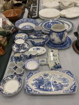 A LARGE COLLECTION OF BLUE AND WHITE PLATES, JUGS, BOWLS, CUPS, SAUCERS, NAPKIN RINGS, ETC TO
