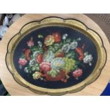A LARGE DECORATIVE TOLEWARE TRAY, PAINTED ON STEEL SIGNED