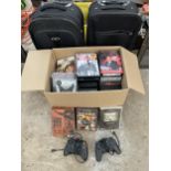 AN ASSORTMENT OF TIEMS TO INCLUDE DVDS, SUITCASES AND GAMES CONTROLLERS ETC