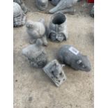 FIVE VARIOUS SMALL CONCRETE GARDEN FIGURES TO INCLUDE A MOUSE ON CHEESE AND A GUINEA PIG ETC