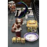 A MIXED LOT TO INCLUDE A MURANO STYLE FISH, SPANIEL DOG, TORQUAY POTTERY TEAPOT, ETC.,