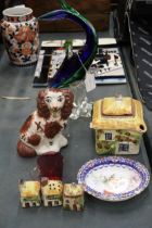 A MIXED LOT TO INCLUDE A MURANO STYLE FISH, SPANIEL DOG, TORQUAY POTTERY TEAPOT, ETC.,
