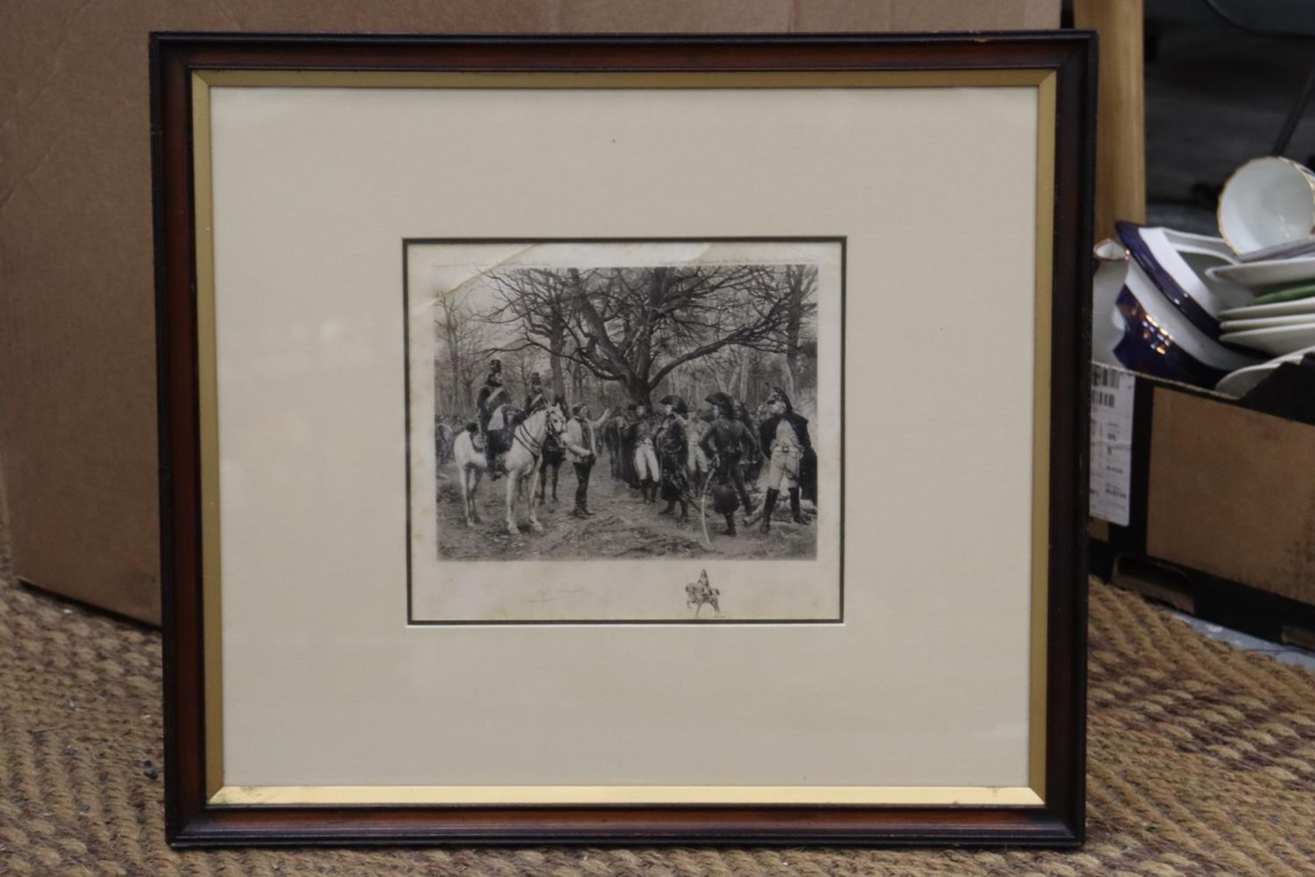 A FRAMED ETCHING OF SOLDIERS, SIGNED, 46CM X 40CM
