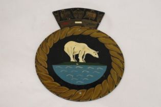 A VINTAGE HANDPAINTED METAL POLAR BEAR PLAQUE