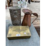 THREE VINTAGE METAL WARE ITEMS TO INCLUDE A COPPER WARMER, A COPPER KETTLE AND A BRASS BOX ETC