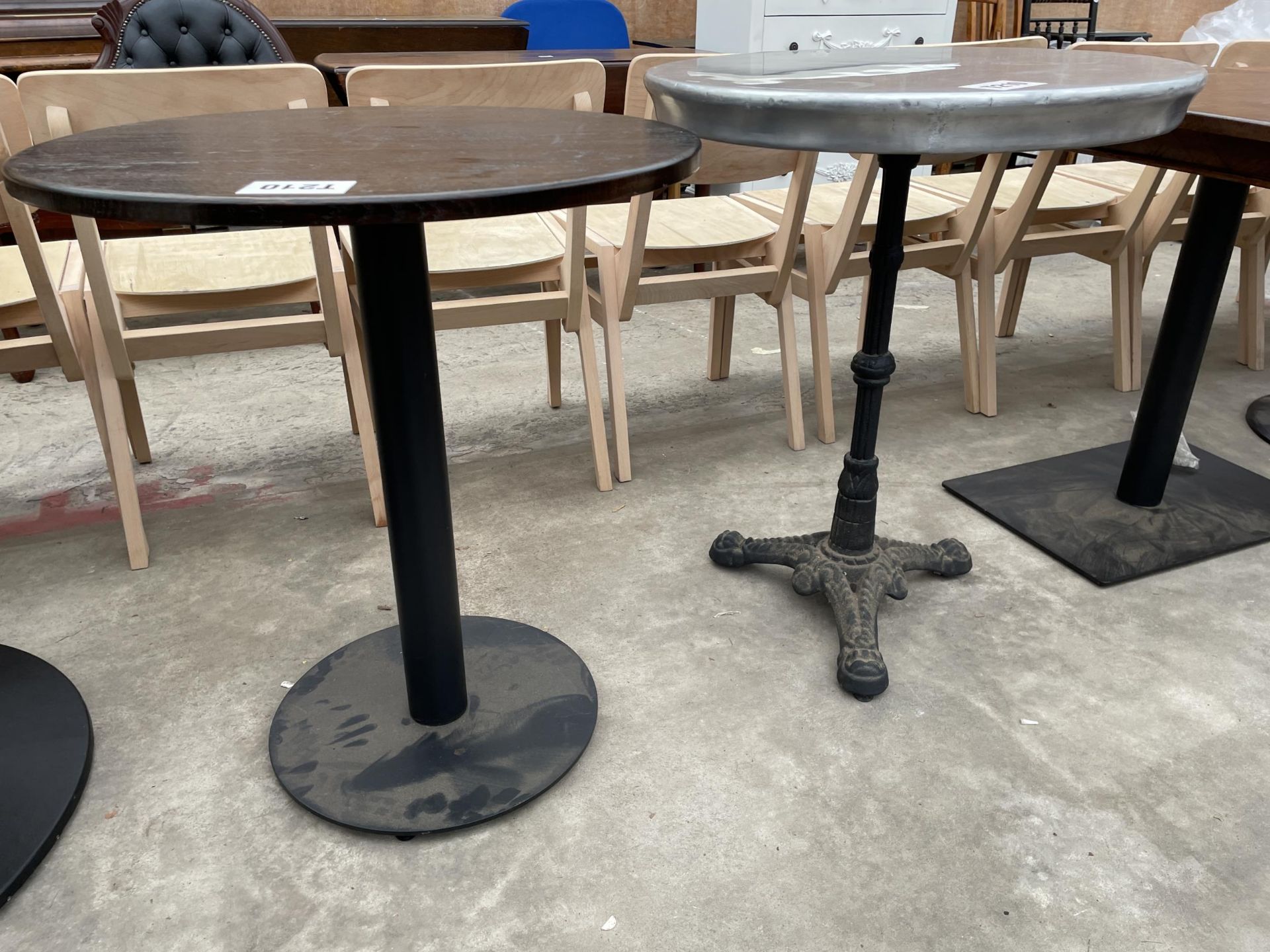 TWO PUB TABLES ONE ON A CAST IRON BASE 25" DIAMETER AND ONE ON A METALWARE BASE 26" DIAMETER - Image 2 of 2