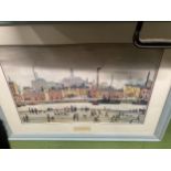 A FRAMED LOWRY PRINT NORTHERN RIVER SCENE, 33 INCH X 25 INCH