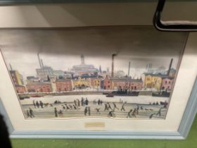 A FRAMED LOWRY PRINT NORTHERN RIVER SCENE, 33 INCH X 25 INCH