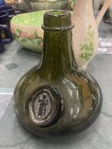 A VINTAGE HAND BLOWN, DARK GREEN, ONION SHAPED BOTTLE, GOOD CONDITION, NO CHIPS OR CRACKS, HEIGHT