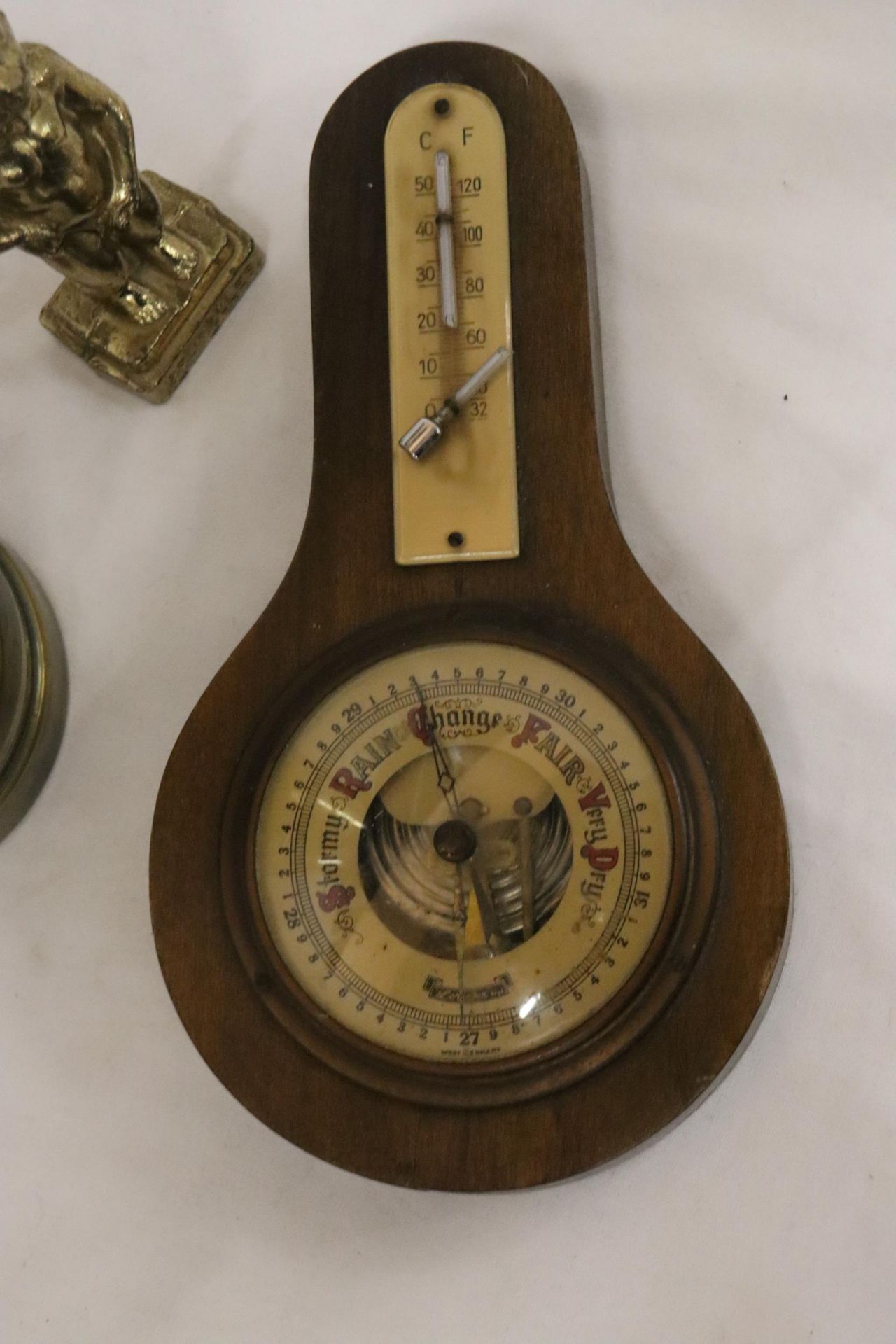 A BRASS MINER'S LAMP TOGETHER WITH A BAROMETER AND BRASS FIGURE - Image 2 of 7