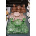 THREE VINTAGE GLASS DRESSING TABLE SETS TO INCLUDE GREEN, AMBER AND PINK