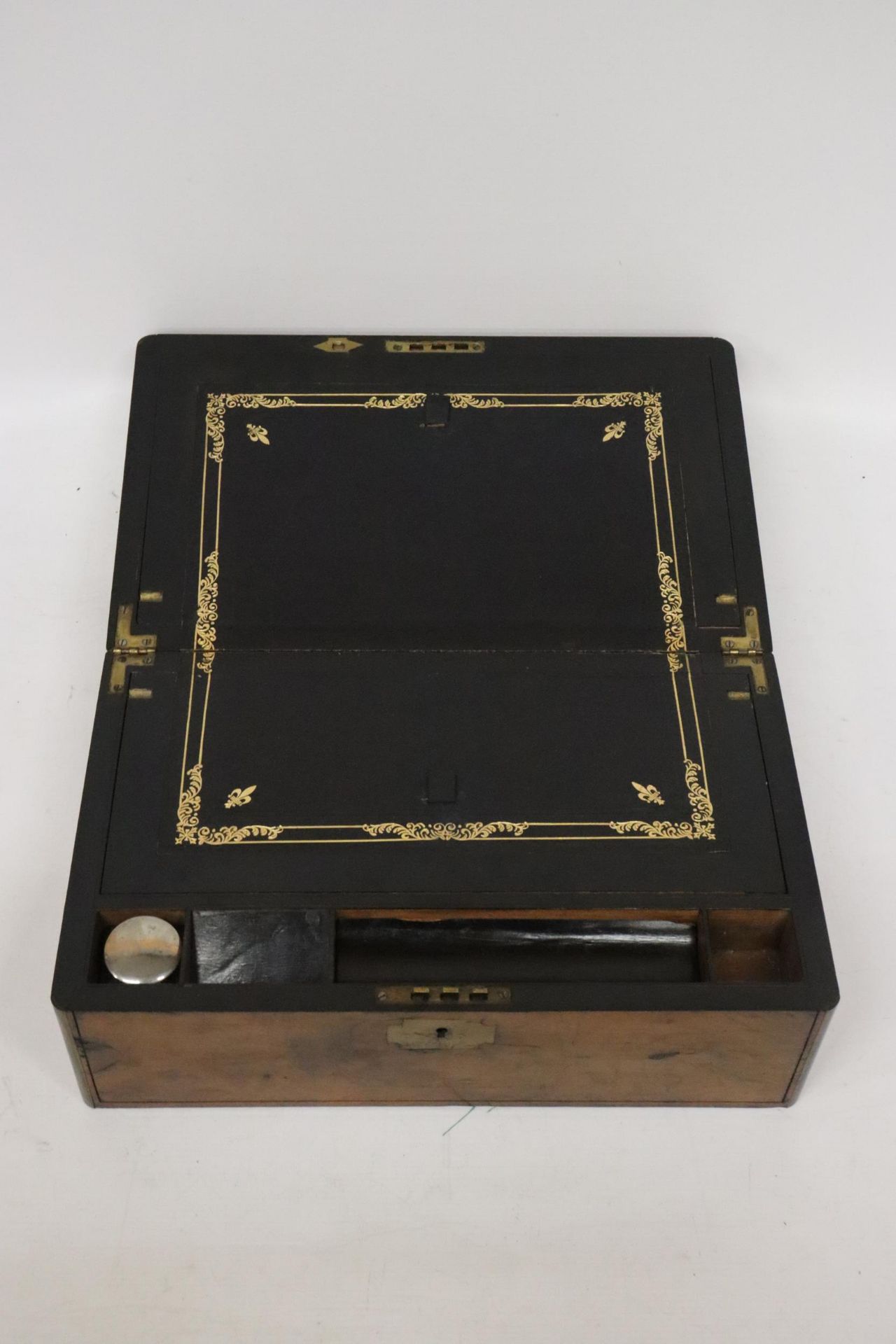 A BRASS BOUND WRITING BOX WITH SECRET DRAWERS, LEATHER TOOLED SLOPE WITH ONE INKWELL - Image 2 of 4