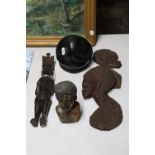 TWO WOODEN AFRICAN STYLE WALL PLAQUES, A HEAVY STONE AFRICAN BUST, ETC 5 IN TOTAL